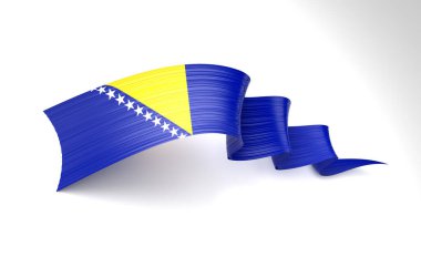 Bosna-Hersek 'in 3D Bayrağı Beyaz Arkaplanda Dalgalı Dalgalı Çarpık Kurdele 3D Görüntü