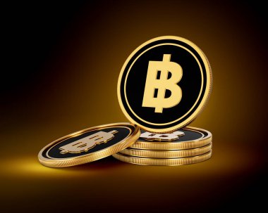 Altın ve Siyah Tayland Baht Sikkeleri Yığını Parlak Altın Parlak Arkaplan 3D Görüntü