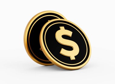 Parlak Altın ve Siyah İki Yuvarlak ABD Doları Paralar, Beyaz Arkaplan 3D Görüntü