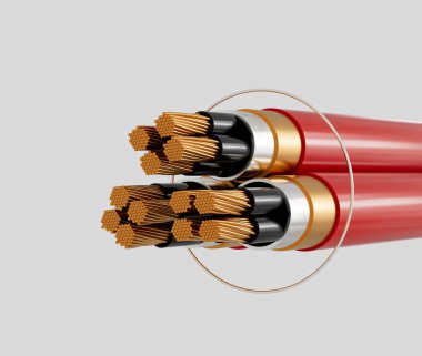 Bakır iplikli kırmızı elektrik kabloları, siyah yalıtım ve kırmızı kılıf. 3B Görüntü
