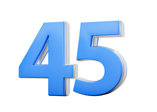 3D numara 45. Mavi gövdeden yapılmış 45 numara. Üç boyutlu gümüş kaplama.