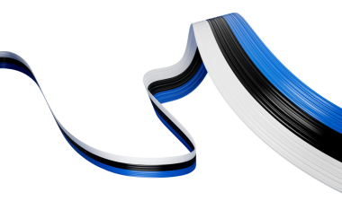 Estonya Bayrak Kurdelesi Bağımsızlık Günü afişi 3D illüstrasyon. Estonya Anma Günü 24 Şubat