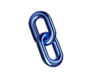Parlak bir kapağı olan üç boyutlu metalik mavi zincir halkası bağlantıyı ve birliği simgeliyor. 3d illüstrasyon