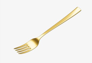 Parlak altın kaplama çatal, yansıtıcı bir kaplama ve hafif kıvrımlı bir sapı var. 3B Görüntü