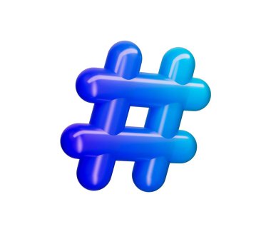 Sosyal medyayı ve çevrimiçi bağlantıyı temsil eden parlak mavi bir 3D hashtag sembolü. 3B Görüntü