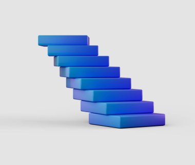 Beyaz bloklardan oluşan soyut bir üç boyutlu merdiven, dinamik ve geometrik bir yapı oluşturuyor. 3d illüstrasyon