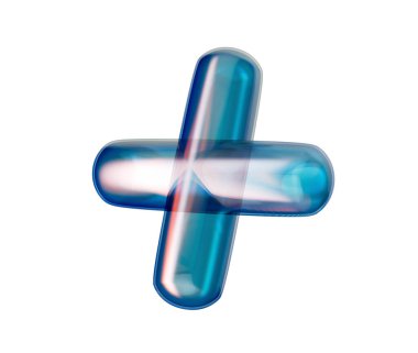 Pürüzsüz, şeffaf, mavi 3D artı işareti parlak, fütüristik ve yansıtıcı bir görünümü var. 3B Görüntü