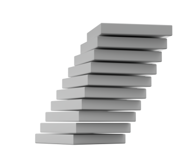 Beyaz dikdörtgen bloklar yığını. Eğik bir kule etkisi yaratmak için hafif dengeli. 3B Görüntü