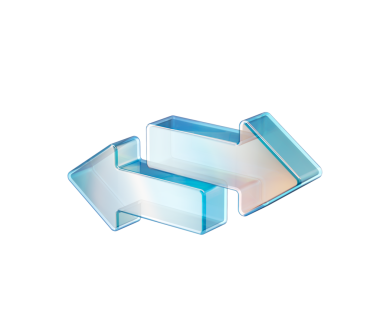 Şeffaf cam benzeri üç boyutlu çift yönlü oklar değiş tokuşu ve transferi simgeliyor. 3d illüstrasyon