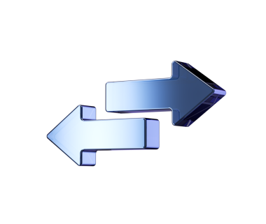 Değişimi ve transferi sembolize eden üç boyutlu parlak metalik mavi ok simgesi. 3d illüstrasyon