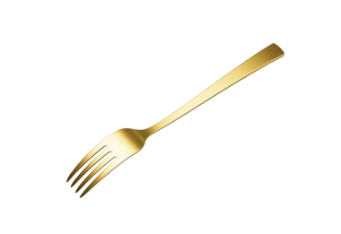 Parlak altın kaplama çatal, yansıtıcı bir kaplama ve hafif kıvrımlı bir sapı var. 3B Görüntü