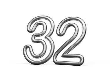 32 Numara: Gümüş Metalik Beyaz Arkaplan 3B Görüntü