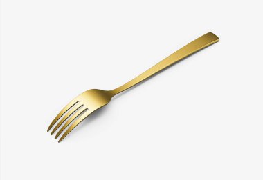 Parlak altın kaplama çatal, yansıtıcı bir kaplama ve hafif kıvrımlı bir sapı var. 3B Görüntü