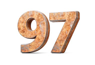 Doksan yedi numara. Yaşlı paslı demir metalden yapılmış 97 basamak. Beyaz arka plan 3D Görüntü.