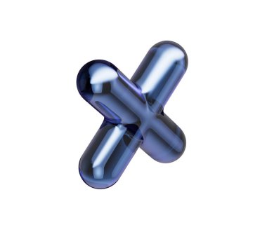 Pürüzsüz yansımaları ve metalik bir kaplaması olan üç boyutlu koyu mavi çarpım sembolü. 3d illüstrasyon