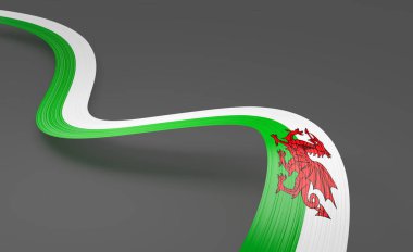 Galler 'in 3d Bayrağı 3d Dalgalı Parlak Galler Kurdelesi Gri Arkaplanda 3d Görüntü