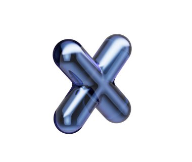 Pürüzsüz yansımaları ve metalik bir kaplaması olan üç boyutlu koyu mavi çarpım sembolü. 3d illüstrasyon