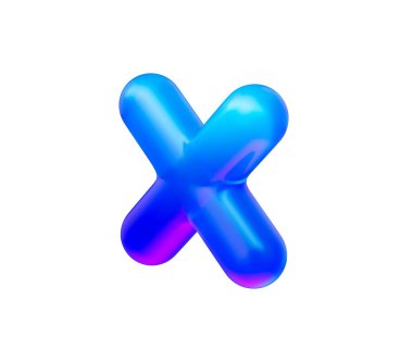 Parlak neon mavi eğimli ve yansıtıcı yüzeyi olan 3d çarpma sembolü. 3d illüstrasyon