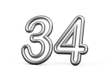 34 Numara: Gümüş Metalik Beyaz Arkaplan 3B Görüntü