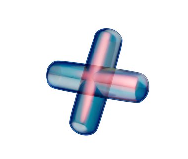 Pürüzsüz, şeffaf, mavi 3D artı işareti parlak, fütüristik ve yansıtıcı bir görünümü var. 3B Görüntü