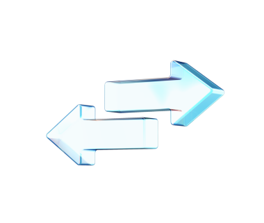 Şeffaf cam benzeri üç boyutlu çift yönlü oklar değiş tokuşu ve transferi simgeliyor. 3d illüstrasyon