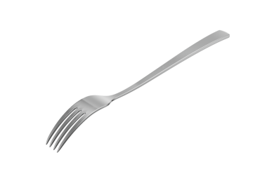 Parlak paslanmaz çelik çatal, yansıtıcı bir kaplama ve hafif kıvrımlı bir sapı var. 3B Görüntü