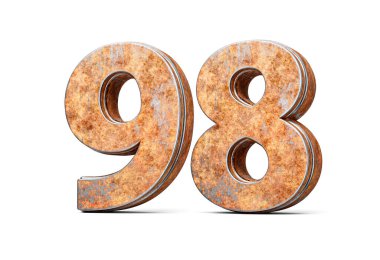 Doksan sekiz numara. Eski paslı demir metalden yapılmış 98 basamak. Beyaz arka plan 3 boyutlu görüntü.