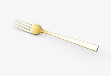 Parlak altın kaplama çatal, yansıtıcı bir kaplama ve hafif kıvrımlı bir sapı var. 3B Görüntü