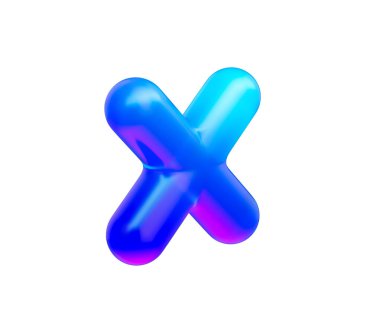 Parlak neon mavi eğimli ve yansıtıcı yüzeyi olan 3d çarpma sembolü. 3d illüstrasyon