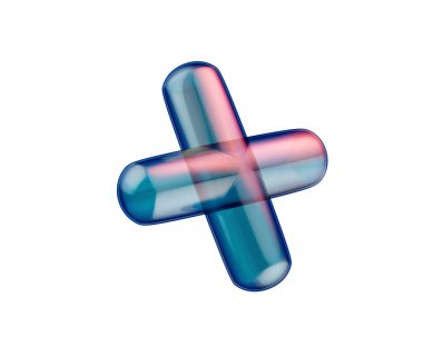 Pürüzsüz, şeffaf, mavi 3D artı işareti parlak, fütüristik ve yansıtıcı bir görünümü var. 3B Görüntü