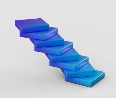 Beyaz bloklardan oluşan soyut bir üç boyutlu merdiven, dinamik ve geometrik bir yapı oluşturuyor. 3d illüstrasyon