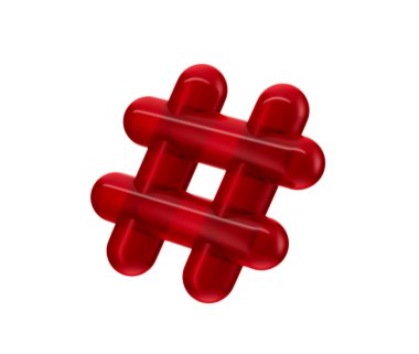 Sosyal medyayı ve çevrimiçi bağlantıyı temsil eden parıltılı bir kırmızı 3D hashtag sembolü. 3B Görüntü