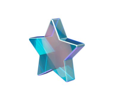 Açık mavi 3D yıldız, şeffaf, parlak bir kaportası ve ince yansımaları var. 3d Görüntü