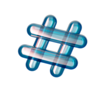 3D Şeffaf hashtag simgesi. Fütürist bir ışıltı, dijital eğilimleri sembolize ediyor. 3B Görüntü