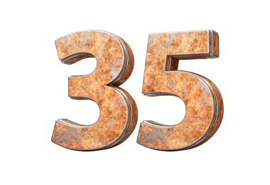 35 numara. Eski paslı demir metal desenli 35 basamak. Beyaz arka plan 3 boyutlu görüntü.
