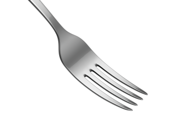 Parlak dişleri ve yansıtıcı bir yüzeyi olan parlak gümüş bir çatalın yakın çekimi. 3d illüstrasyon