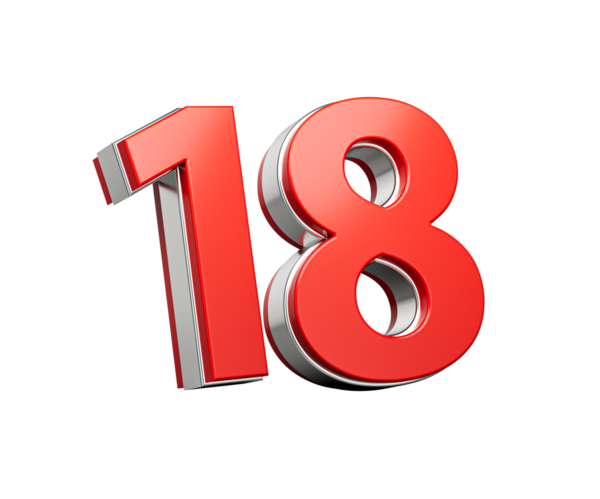 Kalın Kırmızı Numara 18 Metalik Beyaz Arkaplanda 3 boyutlu Görüntü