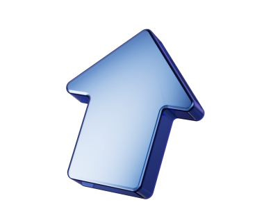 Metalik mavi yukarı doğru ok simgesi, gelişimi, yönü ve büyümeyi simgeliyor. 3B Görüntü