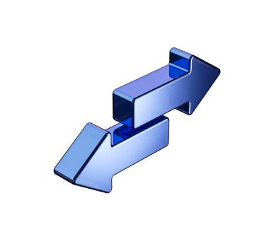 Değişimi ve transferi sembolize eden üç boyutlu parlak metalik mavi ok simgesi. 3d illüstrasyon