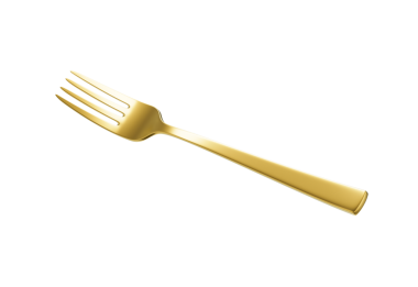 Parlak altın kaplama çatal, yansıtıcı bir kaplama ve hafif kıvrımlı bir sapı var. 3B Görüntü