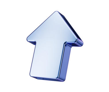 Metalik mavi yukarı doğru ok simgesi, gelişimi, yönü ve büyümeyi simgeliyor. 3B Görüntü