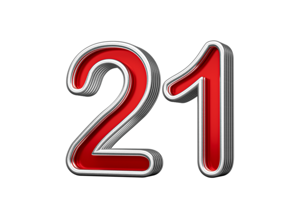 Canlı kırmızı numara 21 Metalik Parıltılı ve kıvrımlı kenarlı, 3D Görüntü