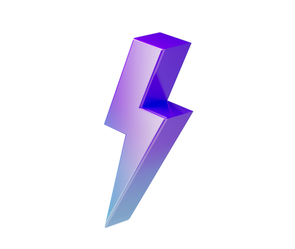 Çarpıcı bir 3 boyutlu yıldırım simgesi, mor-mavi eğimli ve heyecan verici bir görünüme sahip. 3d illüstrasyon
