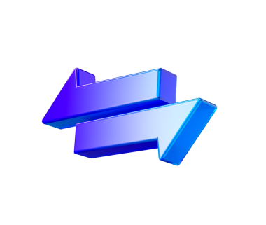 Mor ve mavi renkte, solu ve sağı gösteren iki tane parlak 3D ok. 3B Görüntü.