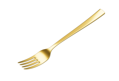 Parlak altın kaplama çatal, yansıtıcı bir kaplama ve hafif kıvrımlı bir sapı var. 3B Görüntü