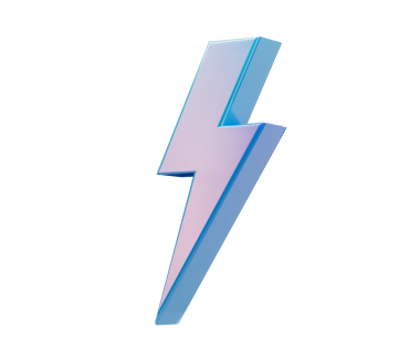 Yumuşak mavi gradyan ve parlak yansımaları olan üç boyutlu modern bir yıldırım simgesi.