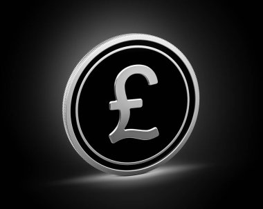 Gümüş ve Siyah Yuvarlak İngiliz Pound Sikkesi Parlak Gümüş Parlak Arka plan 3D Görüntü