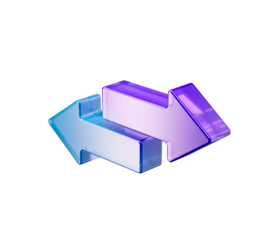 Mor ve mavi renkte, solu ve sağı gösteren iki tane parlak 3D ok. 3B Görüntü.