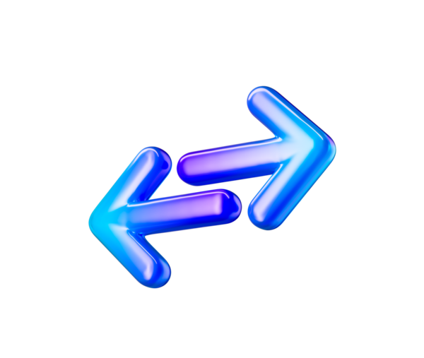 Mor ve mavi renkte, solu ve sağı gösteren iki tane parlak 3D ok. 3B Görüntü.