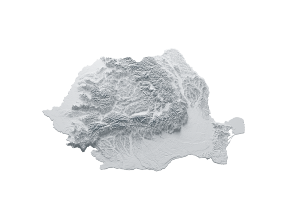 Karlı Romanya Haritası Beyaz ve Gri Gölgeli Yardım Yapısı. 3B illüstrasyon